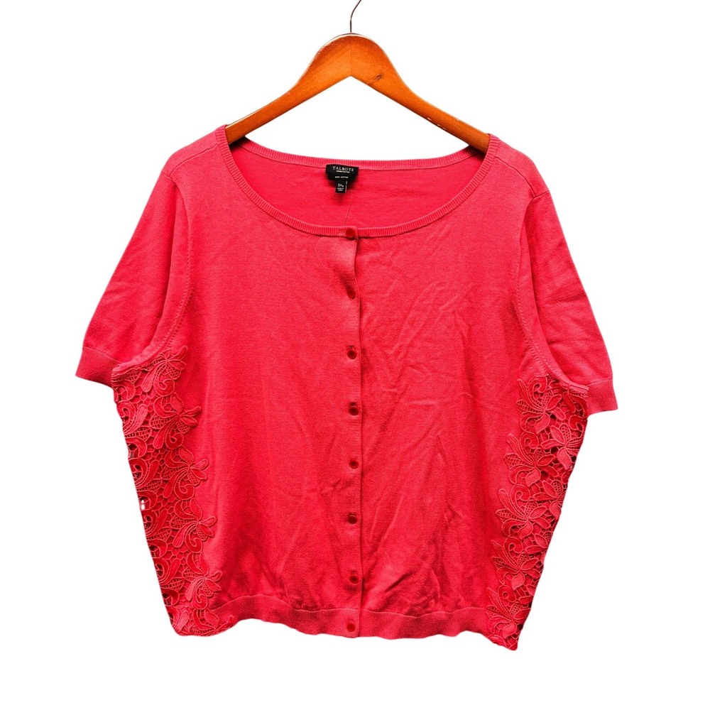 Talbots Woman Petites 3XP Short Sleeve Cardigan Pink Pima Cotton Lace Side NWT